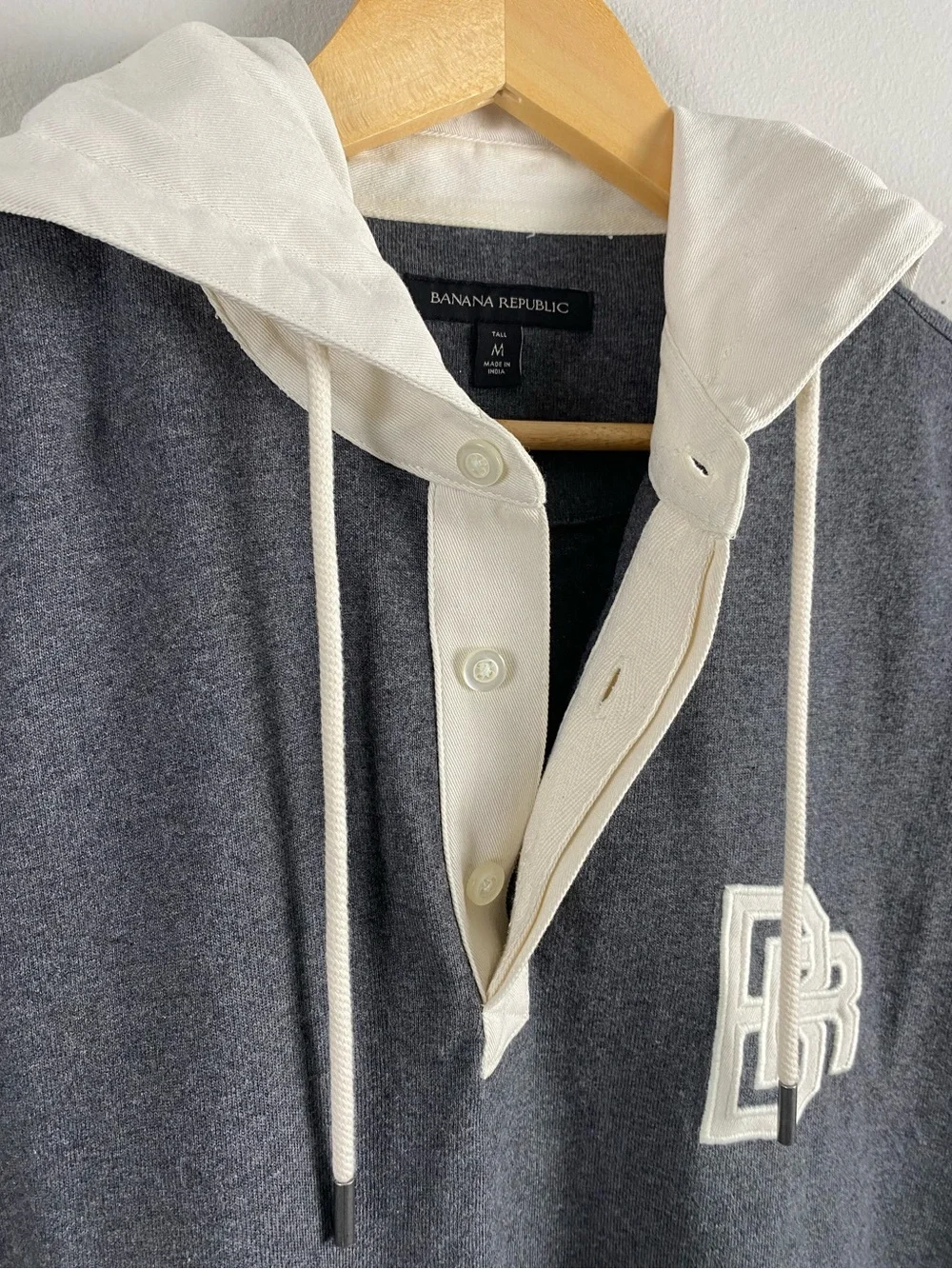 Banana Republic Rugby Long Sleeve Polo Hoodie | Chest Embroidery | Gray/Ivory